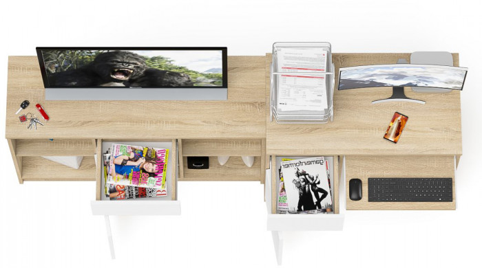 Мори компьютерный стол МС-1 левый + Тумба МТВ1204.1, дуб сонома/белый