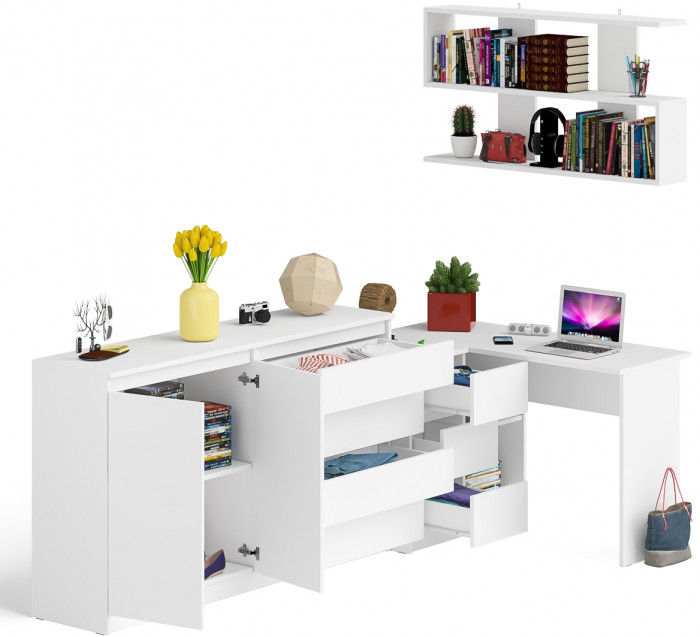 Мори компьютерный стол МС-16 левый + Комод МК1600.1 + Полка 1200, белый