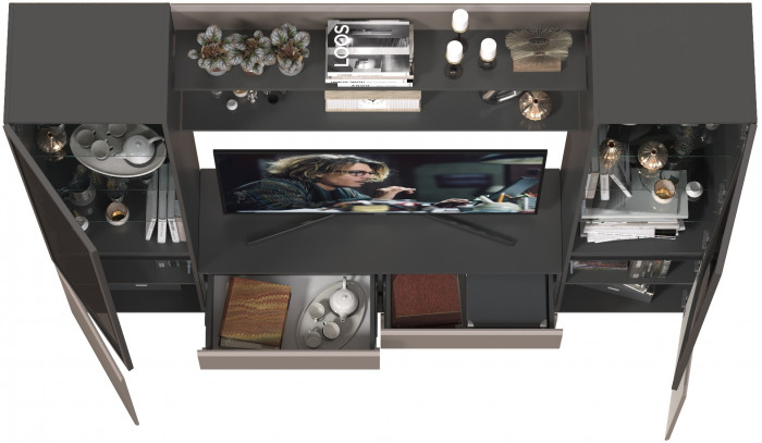 Сидней Комплектация № 068, цвет корпус: антрацит/фасады: МДФ веллюто капучино, ШхГхВ 229,9х41,3х205,2 см., ниша для ТВ 129х41х90 см., универс. сборка