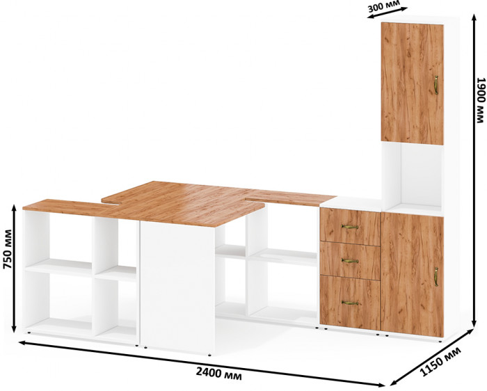 Лидер-8 Стол + Стол + Пенал + Тумба МД 3.16, белый шагрень/крафт золото