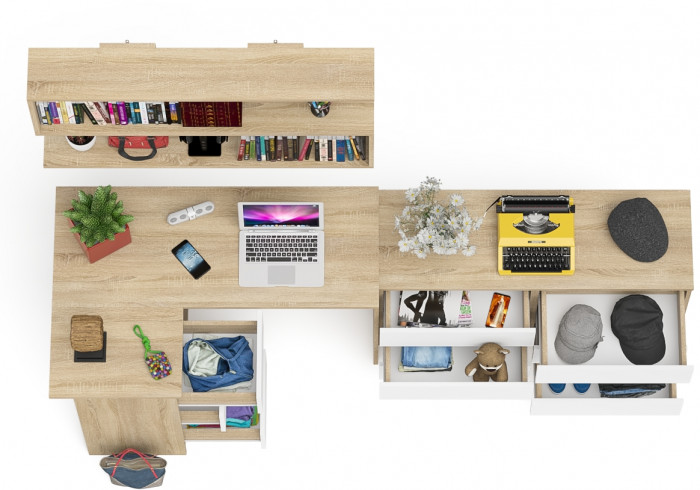 Мори компьютерный стол МС-16 левый + Комод МК1200.6 + Полка 1200, дуб сонома/белый