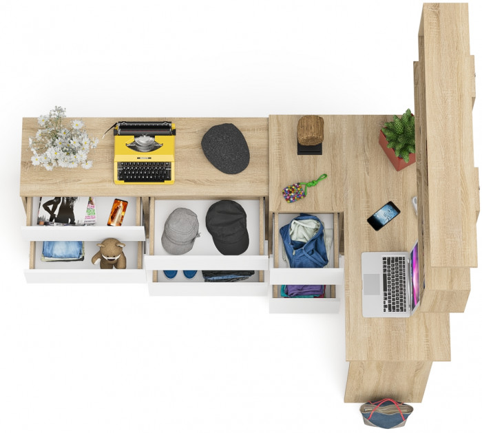 Мори компьютерный стол МС-16 левый + Комод МК1200.6 + Полка 1200, дуб сонома/белый