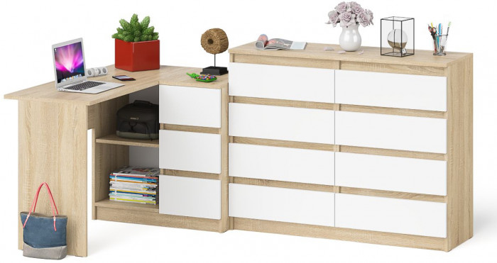 Мори компьютерный стол МС-16 правый + Комод МК1200.8, дуб сонома/белый