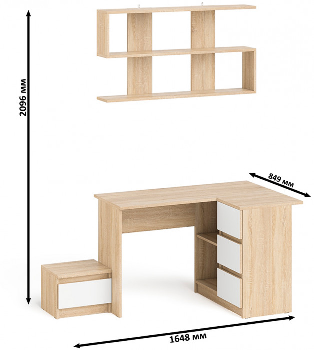 Мори компьютерный стол МС-16 правый + Тумба ТМП400.1 + Полка 1200, дуб сонома/белый