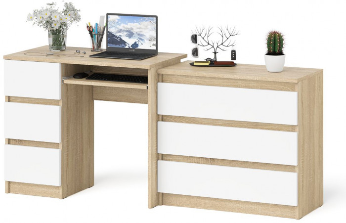 Мори компьютерный стол МС-6 левый + Комод МК800.1, дуб сонома/белый