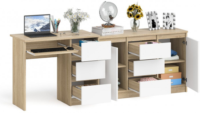 Мори компьютерный стол МС-6 правый + Комод МК1200.3, дуб сонома/белый