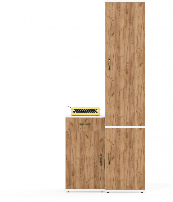 Лидер-8 Пенал МД 21Б + Тумба МД 3.15, цвет белый шагрень/крафт золото, ШхГхВ 80х37,5х190 см., универсальная сборка