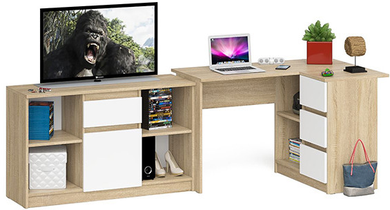 Мори Стол компьютерный МС-16 правый + Тумба МТВ1204.1, цвет дуб сонома/белый, ШхГхВ 244,8х84,9х76,6 см., выдвижные ящики справа, НЕ универс. сборка