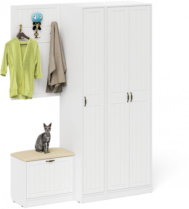 Прихожая П-6 Компоновка № 47, цвет белая шагрень/фасады МДФ белое дерево фрезеровка прованс, ШхГхВ 150х50х210 см., универсальная сборка