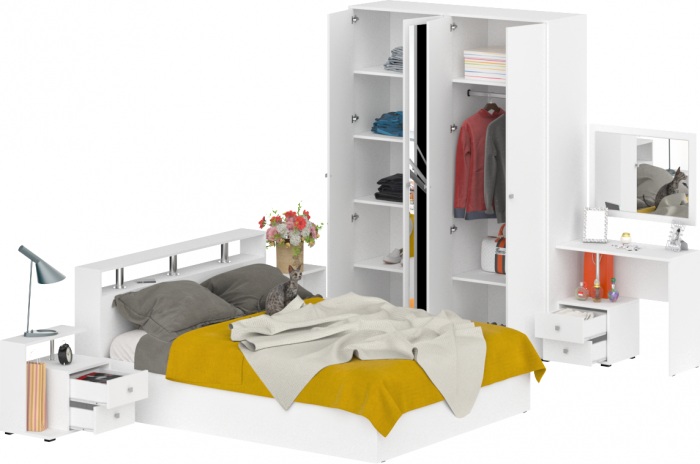 Камелия спальня № 2 Кровать 1600 + Две тумбы + Стол косметич. + Зеркало + Шкаф 4-х, цвет белый, сп.м. 1600х2000 мм., б/м, осн. есть