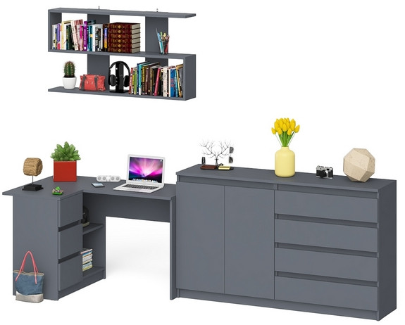 Мори компьютерный стол МС-16 левый + Комод МК1600.1 + Полка 1200, графит