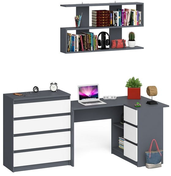 Мори компьютерный стол МС-16 правый + Комод МК800.4 + Полка 1200, графит/белый