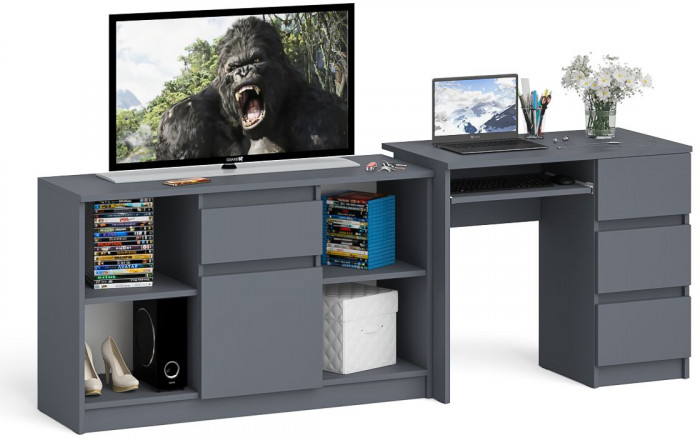 Мори Стол компьютерный МС-6 правый + Тумба МТВ1204.1, цвет графит, ШхГхВ 210,4х50х76,6 см., выдвижные ящики справа, НЕ универсальная сборка