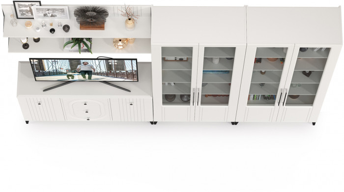 Валенсия Гостиная № 113, цвет ЛДСП белый шагрень/МДФ белый шагрень, ШхГхВ 301,4х38,4х225,2 см., универсальная сборка