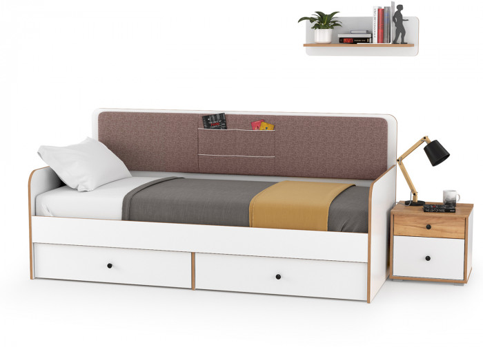 Вуди Компоновка № 33, цвет белый премиум/дуб крафт золотой/саванна латте, сп. м. 900х2000 мм., б/м, основание есть, матрас высотой до 200 мм.