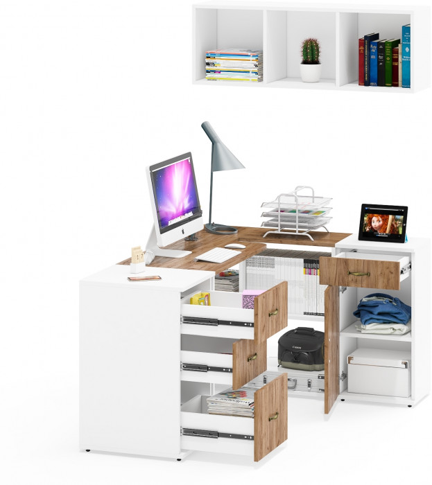 Лидер-8 Стол + Полка + Тумба МД 3.15 + Тумба МД 3.16, белый шагрень/крафт золото