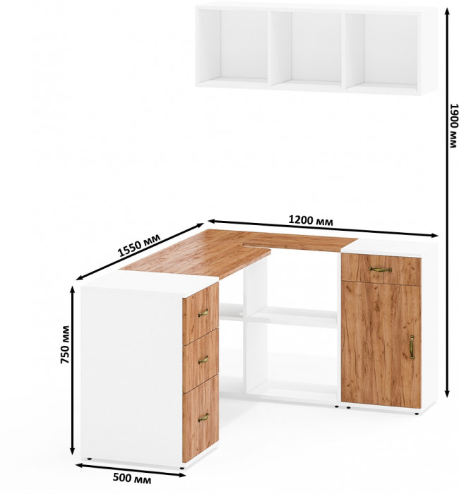 Лидер-8 Стол + Полка + Тумба МД 3.15 + Тумба МД 3.16, белый шагрень/крафт золото