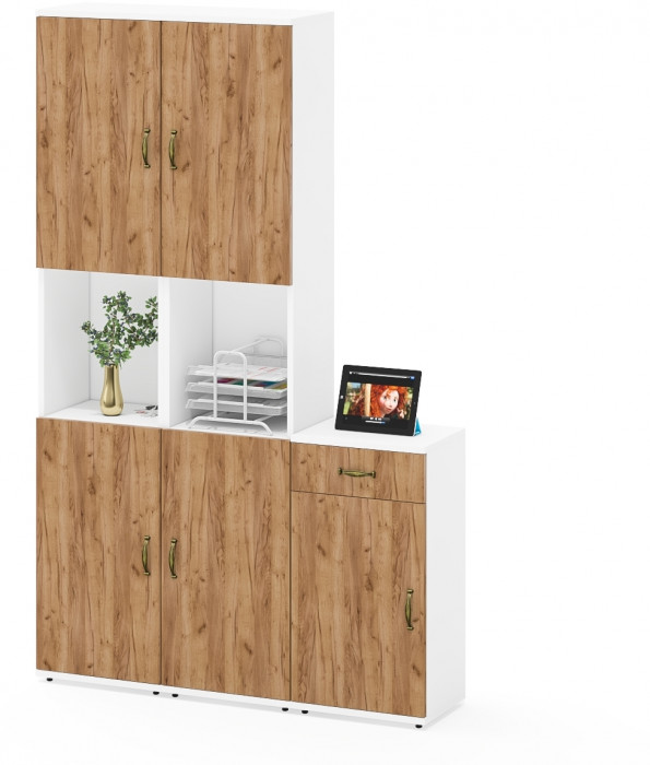 Лидер-8 Пенал + Пенал + Тумба МД 3.15, цвет белый шагрень/крафт золото, ШхГхВ 120х30х190 см., универсальная сборка