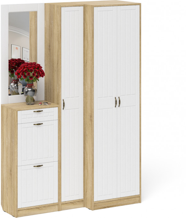 Прихожая П-6 Компоновка № 29, цвет дуб сонома/фасады МДФ белое дерево фрезеровка прованс, ШхГхВ 140х50х210 см., универсальная сборка