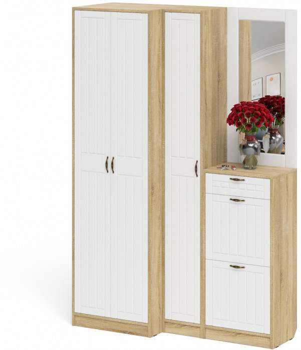 Прихожая П-6 Компоновка № 29, цвет дуб сонома/фасады МДФ белое дерево фрезеровка прованс, ШхГхВ 140х50х210 см., универсальная сборка