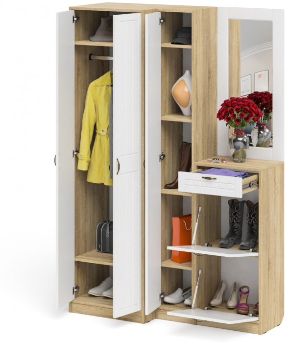 Прихожая П-6 Компоновка № 29, цвет дуб сонома/фасады МДФ белое дерево фрезеровка прованс, ШхГхВ 140х50х210 см., универсальная сборка