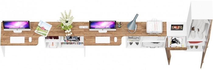 Лидер-8 Стол + Стол + Пенал МД 21Б + Тумба МД 3.15, белый шагрень/крафт золото