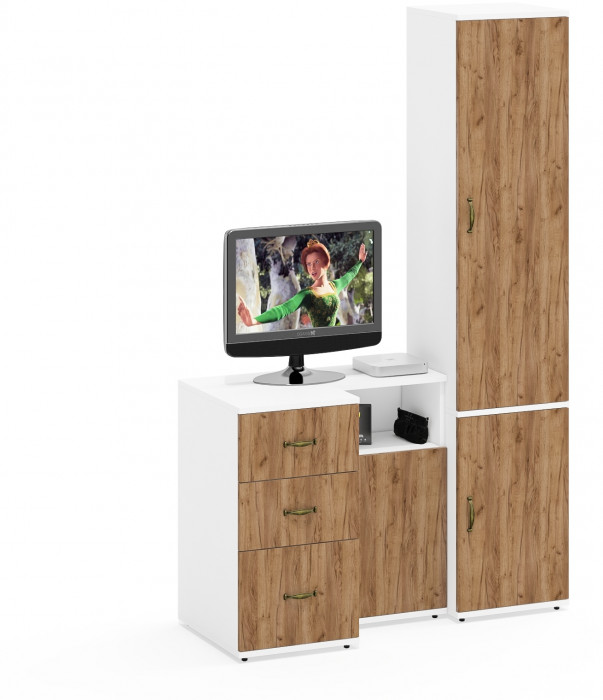 Лидер-8 Пенал МД 21Б + Тумба МД 3.16 + Тумба МД 3.19, цвет белый шагрень/крафт золото, ШхГхВ 120х50х190 см., универсальная сборка