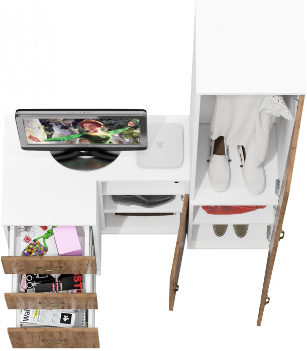 Лидер-8 Пенал МД 21Б + Тумба МД 3.16 + Тумба МД 3.19, цвет белый шагрень/крафт золото, ШхГхВ 120х50х190 см., универсальная сборка