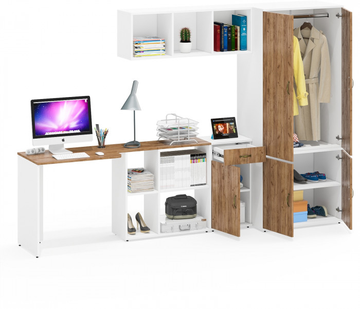 Лидер-8 Стол + Полка + Тумба МД 3.15 + Шкаф МД 19Б, белый шагрень/крафт золото