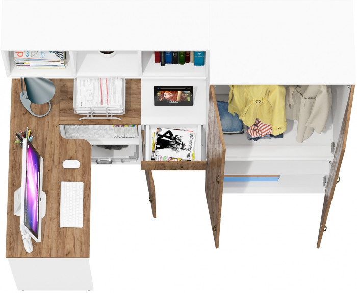 Лидер-8 Стол + Полка + Тумба МД 3.15 + Шкаф МД 19Б, белый шагрень/крафт золото