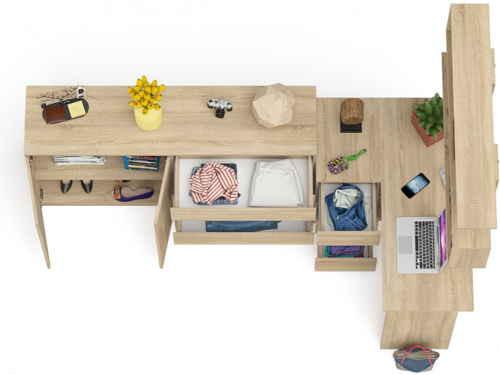 Мори компьютерный стол МС-16 левый + Комод МК1600.1 + Полка 1200, дуб сонома