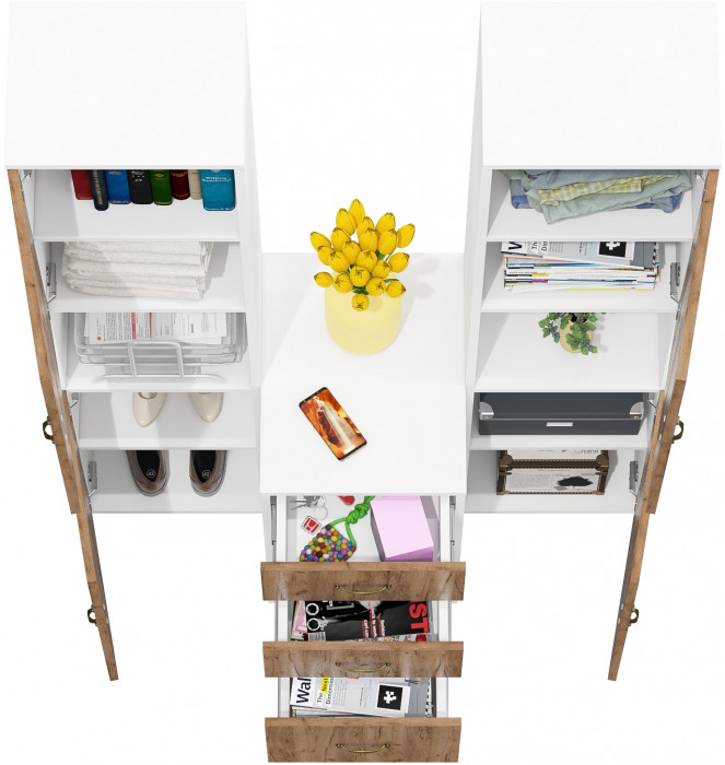 Лидер-8 Пенал + Пенал + Тумба МД 3.16, цвет белый шагрень/крафт золото, ШхГхВ 120х50х190 см., универсальная сборка