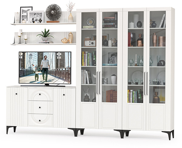 Валенсия Гостиная № 113, цвет ЛДСП белый шагрень/МДФ белый шагрень, ШхГхВ 301,4х38,4х225,2 см., универсальная сборка