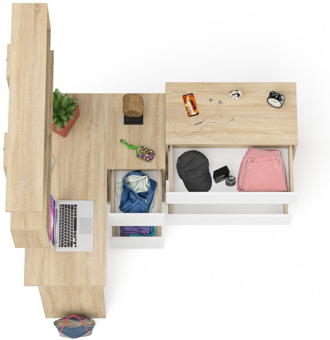 Мори компьютерный стол МС-16 правый + Комод МК800.4 + Полка 1200, дуб сонома/белый