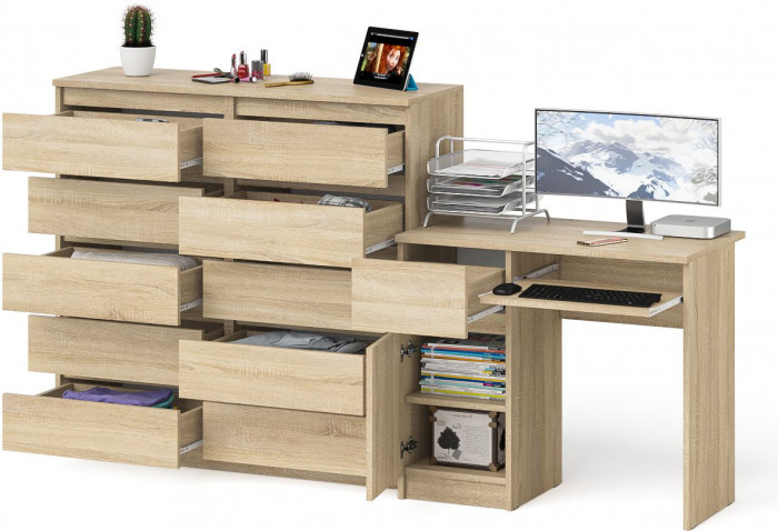 Мори Стол компьютерный МС-1 левый + Комод МК1200.10, цвет дуб сонома, ШхГхВ 210,4х50х115 см., выдвижной ящик слева, НЕ универсальная сборка