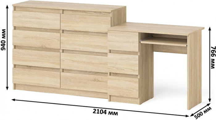 Мори компьютерный стол МС-6 левый + Комод МК1200.8, дуб сонома