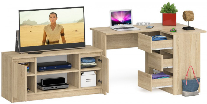 Мори Стол компьютерный МС-16 правый + Тумба МТВ1200.1, цвет дуб сонома, ШхГхВ 244,8х84,9х76,6 см., выдвижные ящики справа, НЕ универсальная сборка