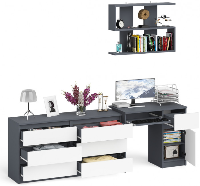 Мори компьютерный стол МС-1 правый + Комод МК1380.6 + Полка 900, графит/белый
