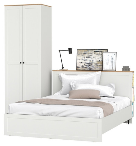 Остин 11.53 Кровать + ортопед + 13.227 Шкаф-пенал + 13.257 Тумба, белый шагрень/дуб крафт золотой