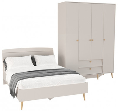 Афина Спальня Кровать 1400 + Шкаф 4-х дверный, цвет кашемир серый, ШхГхВ 144,6х210,2х95,7 + 160х56,3х220 см., сп.м. 1400х2000 мм., б/м, осн. есть