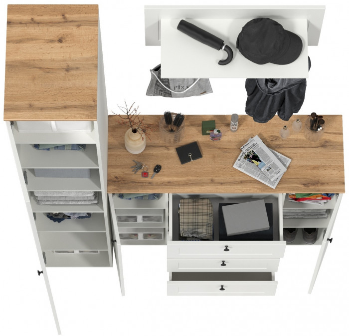 Остин Прихожая 21, цвет белый шагрень/дуб крафт золотой, ШхГхВ 160х54,3х229,6 см., универсальная сборка