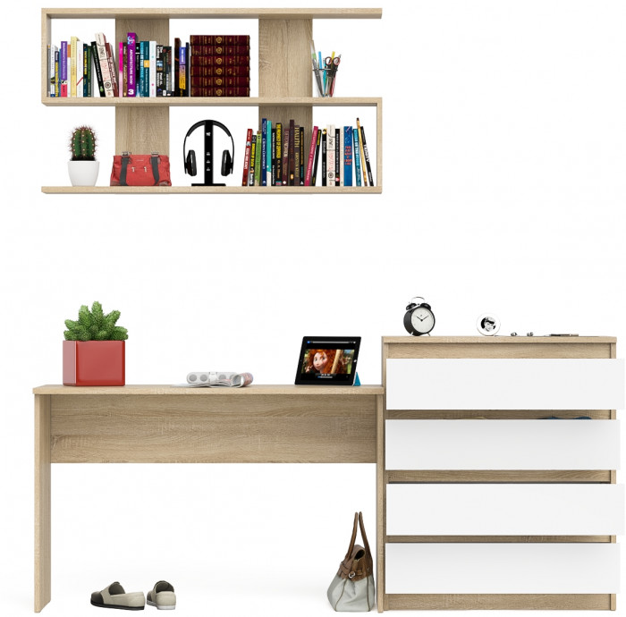 Мори письменный стол МСП1200.1 + Комод МК800.4 + Полка 1200, дуб сонома/белый