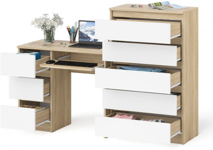 Мори Стол компьютерный МС-6 левый + Комод МК700.5, цвет дуб сонома/белый, ШхГхВ 160,4х50х114 см., выдвижные ящики слева, НЕ универсальная сборка