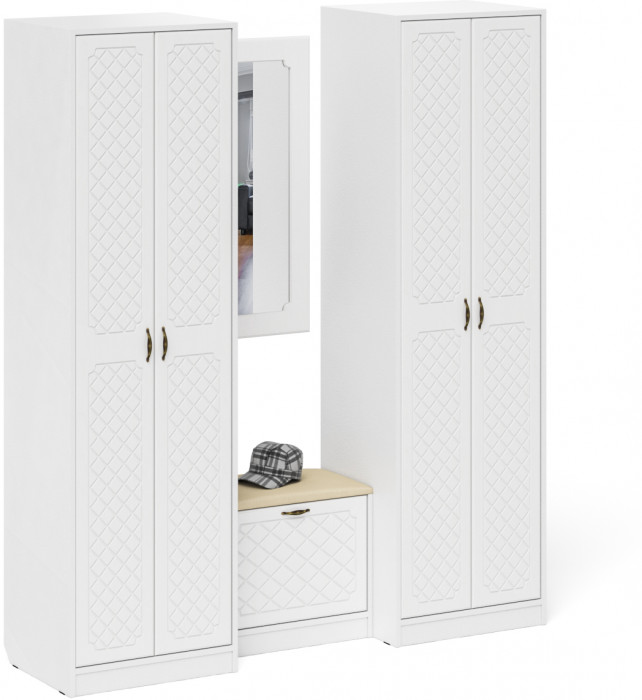 Прихожая П-6 Компоновка № 08, белая шагрень/фасады МДФ белое дерево фрезеровка ромб