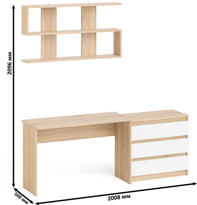 Мори Стол письменный МСП1200.1 + Комод МК800.1 + Полка 1200, цвет дуб сонома/белый, ШхГхВ 200,8х50х209,6 см., универсальная сборка