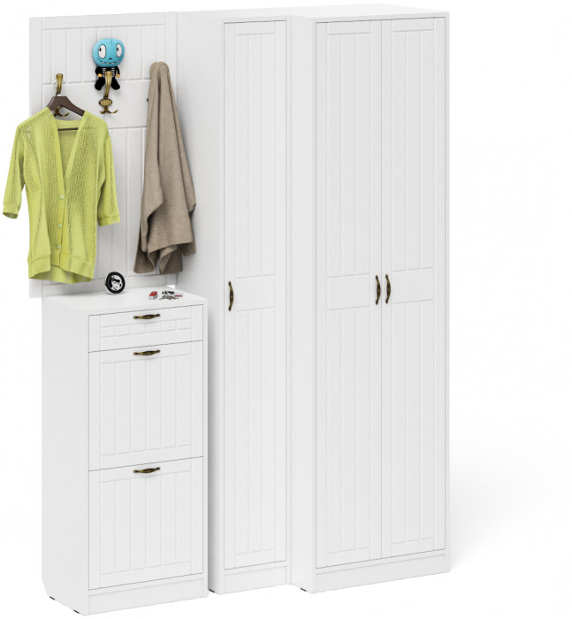 Прихожая П-6 Компоновка № 30, цвет белая шагрень/фасады МДФ белое дерево фрезеровка прованс, ШхГхВ 150х50х210 см., универсальная сборка