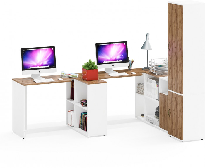 Лидер-8 Стол + Стол + Пенал МД 21Б + Тумба МД 3.19, белый шагрень/крафт золото