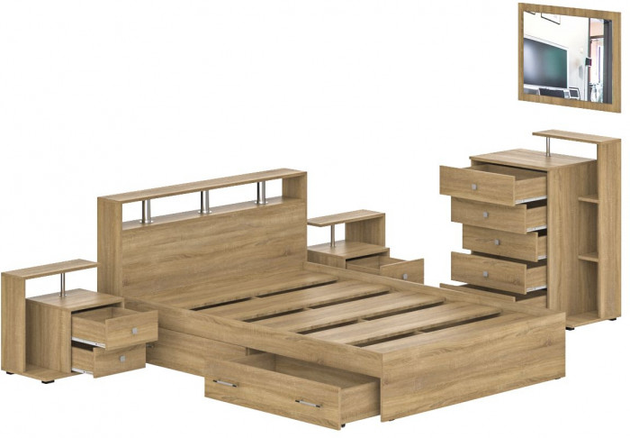 Камелия спальня № 12 Кровать с ящиками 1400 + Две тумбы + Комод + Зеркало, дуб сонома