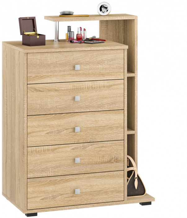 Камелия спальня № 12 Кровать с ящиками 1400 + Две тумбы + Комод + Зеркало, дуб сонома