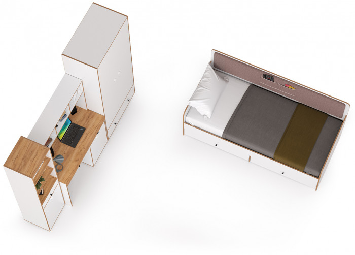 Вуди Компоновка № 36, цвет белый премиум/дуб крафт золотой/саванна латте, сп. м. 900х2000 мм., б/м, основание есть, матрас высотой до 200 мм.